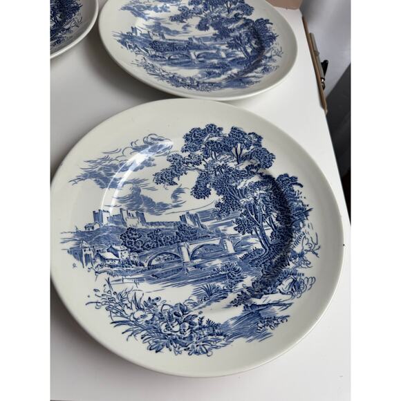 Vintage Wedgwood Dinner Plates Set of 4 Blue Transferware "Countryside" Pattern - Picture 6 of 10